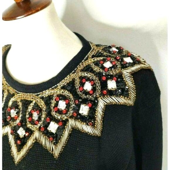 VTG Lindsey Blake Sweater M Black Jeweled Beaded Crystals Black Knit Ramie Cotto - Picture 4 of 8